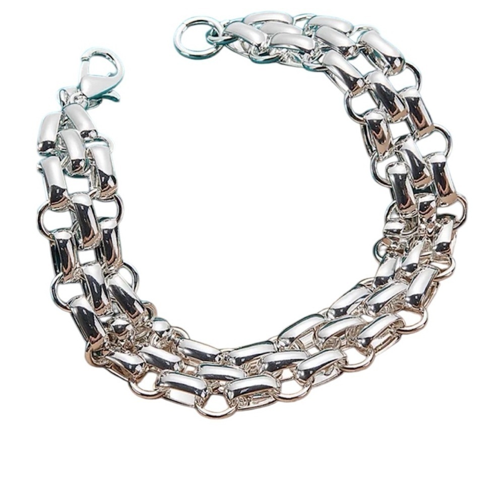 925 Sterling Silver Triple Link Bracelet Chunky Chain Lobster Clasp
